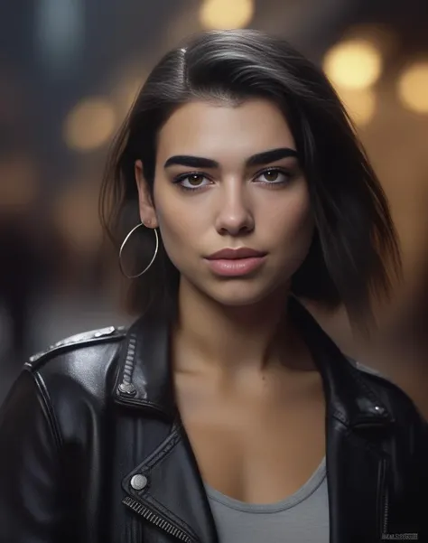 DuaLipa,<lora:DuaLipaSDXL:1>female, realistic photo, professional lighting from the right side with a soft glow coming out of her open eyes wearing black leather jacket and jeans by Annie Leibovitz + Stalenhag; natural color scheme. Extremely high-quality picture that's trending on artstation in deviantart"A very detailed face!! no watermark!!!!! 8k resolution "the most beautiful image ever created!!!!!!! ((and highly qualityful extremely epic stunning fantasy pencil sketch illustration bust portrait fine details macro closeup headshot symmetrical facial features hd 4x9 award winning photography model full length! glossy sharp focus long exposure timeinescent yellow lightroom phot