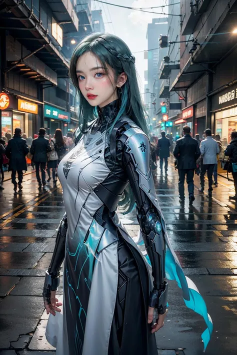 official art, unity 8k wallpaper, (ultra detailed), beautiful and aesthetic, beautiful, masterpiece, best quality, (cowboy shot:1.4), upper body, full body,
(1girl:1.3), (long hair, aqua hair:1.4), mature female, cyberpunk, mecha, sexy, iridescent eyes, starry sky, walking, futubot, futureaodai, (street:1.3), neon light, (white clothes:1.3), (wind blowing:1.3),
<lora:futureaodai-000010:0.75:MIDD><lora:Futuristicbotv.2:0.5>