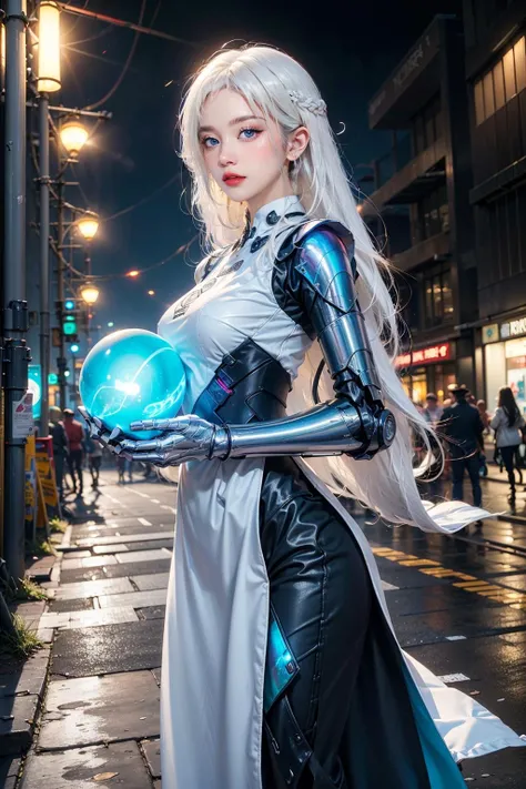 official art, unity 8k wallpaper, (ultra detailed), beautiful and aesthetic, beautiful, masterpiece, best quality, (cowboy shot:1.4)
(1girl:1.3), (long hair, white hair:1.4), mature female, cyberpunk, mecha, sexy, iridescent eyes, starry sky, standing, futubot, futureaodai, (street:1.3), neon light, (blue orb core:1.2)(white clothes:1.3), (wind blowing:1.3),
<lora:futureaodai-000010:0.75:MIDD>