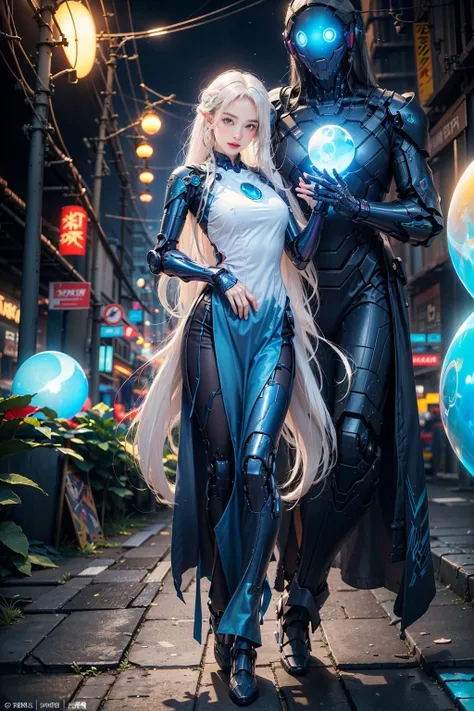 official art, unity 8k wallpaper, (ultra detailed), beautiful and aesthetic, beautiful, masterpiece, best quality,
(1girl:1.3), (long hair, white hair:1.4), mature female, cyberpunk, mecha, sexy, iridescent eyes, starry sky, standing, futubot, futureaodai, (street:1.3), neon light, (blue orb core:1.4)(white clothes:1.3)(wind blowing:1.3)
<lora:futureaodai-000010:0.75:MIDD>