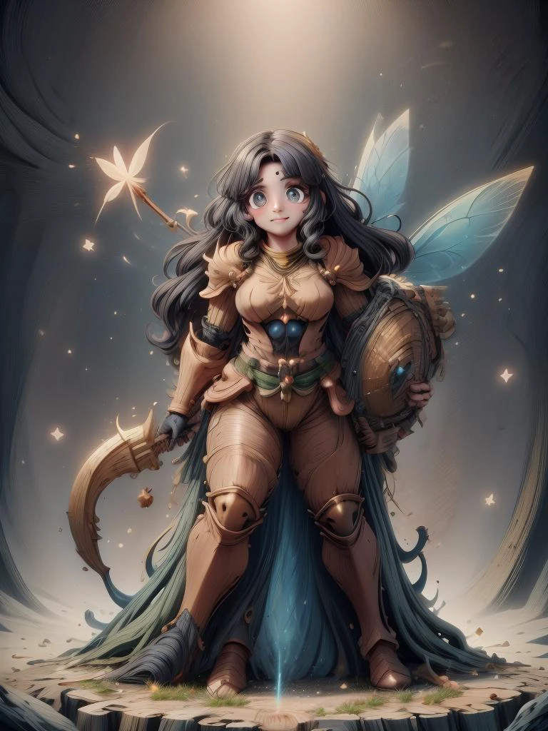 anime, <lora:sd15_lora_beta:0.1>, <lora:ETO_OC:0.1> ETO-OC, <lora:ETO_OCC006:0.6>, ETO_OCC, (curly hair:1.3), (long hair:1.1), (black hair:1.5), thick eyebrows, (plump), 1girl, (hazel eyes, multi-tone eyes:1.7), (parted bangs:1.8), (smile:1.2), (apple-cheeks, round-face, round-chin),(anime screencap:0.8), <lora:Liberator_V1-15:0.3> Liberator_V1, weapon, armor, helmet, shield, full armor, holding, standing, axe, holding weapon, holding shield, sword, gauntlets, mace, shoulder armor, plume, breastplate, <lora:FaeTech-30:0.8> faetech, ((pixie dust, iridescent, glowing, fairy wings))