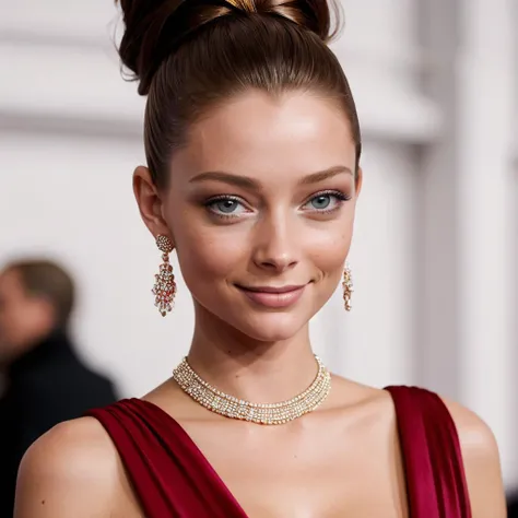 fame, celebrity, glamor, absurdres, (hyperdetailed:1.2) RAW photo of IndianaX-1260 at a film premiere gala, (hyperrealistic:1.3), standing on the red carpet, wearing a slinky designer dress, haute_couture, stylish hair updo, eye-catching jewelry, professional makeup, looking at viewer, (hyperdetailed eyes and face), (hyperdetailed realistic skin texture), professional lighting, (best quality:1.3), (masterpiece), sharp focus, smile, closeup, paparazzi in the background,