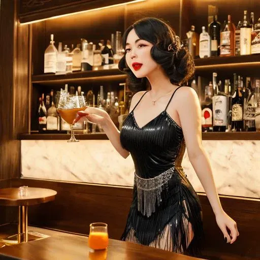 China,ShangHai,A trendy underground speakeasy-themed bar. The dimly lit space features vintage furnishings and a live jazz band playing sultry tunes. In this scene, the woman wears a form-fitting flapper dress with beaded fringe detailing, her hair styled in loose curls reminiscent of the 1920s. She confidently sways to the music as she enjoys a classic cocktail and interacts with fellow patrons who share her love for all things vintage.<lora:ç¡ç¾äºº3-000004:1>,, masterpiece,best quality,CG 8k wallpaper,illustration,absurdres, city lights,