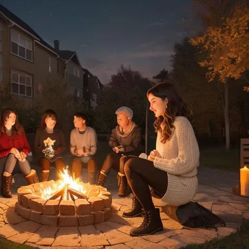 A cozy autumn evening bonfire gathering. Friends and family gather around a crackling fire pit to share stories and roast marshmallows for s'mores. In this scene, the woman wears a warm, knitted sweater dress layered over leggings with tall boots, her hair styled in loose waves that cascade down her back. She is comfortable yet stylish as she enjoys the company of those around her and embraces the crisp autumn air.<lora:a88:1>, masterpiece,best quality,CG 8k wallpaper,illustration,absurdres, city lights,