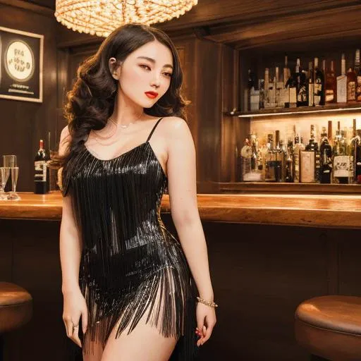 China,ShangHai,A trendy underground speakeasy-themed bar. The dimly lit space features vintage furnishings and a live jazz band playing sultry tunes. In this scene, the woman wears a form-fitting flapper dress with beaded fringe detailing, her hair styled in loose curls reminiscent of the 1920s. She confidently sways to the music as she enjoys a classic cocktail and interacts with fellow patrons who share her love for all things vintage.<lora:ç¡ç¾äºº3-000004:1>,, masterpiece,best quality,CG 8k wallpaper,illustration,absurdres, city lights,