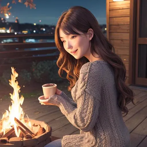 A cozy autumn evening bonfire gathering. Friends and family gather around a crackling fire pit to share stories and roast marshmallows for s'mores. In this scene, the woman wears a warm, knitted sweater dress layered over leggings with tall boots, her hair styled in loose waves that cascade down her back. She is comfortable yet stylish as she enjoys the company of those around her and embraces the crisp autumn air.<lora:a88:1>, masterpiece,best quality,CG 8k wallpaper,illustration,absurdres, city lights,