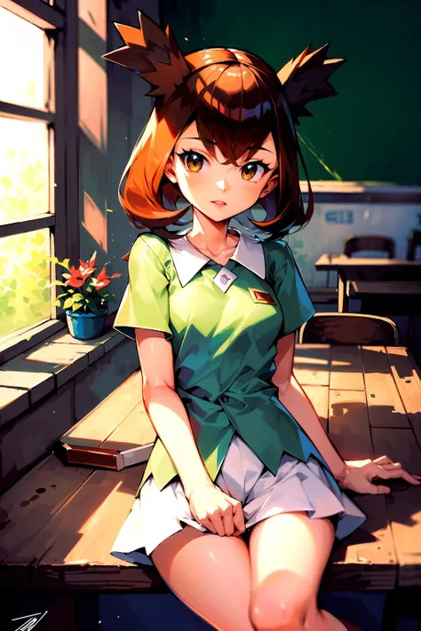 <lora:bianca_pokemon_heroes-000007:1>, bianca (pokemon heroes), Dolman clothes, anime, masterpiece, best illustration, 1girl, classroom location, a lot of small details