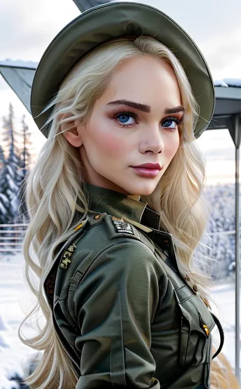 beautiful Elsa Jeans posing as an army officer, photo referenced, highest quality, high quality, (detailed face and eyes), dusk lighting, high boots, strong makeup, industrial, outdoor snow forest background <lora:Elsa Jeans:0.9> close up