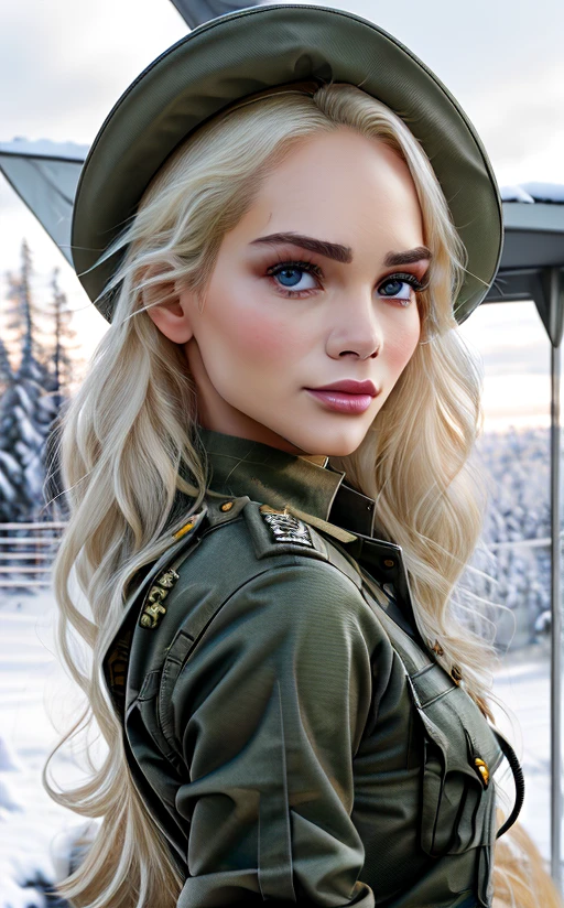 beautiful Elsa Jeans posing as an army officer, photo referenced, highest quality, high quality, (detailed face and eyes), dusk lighting, high boots, strong makeup, industrial, outdoor snow forest background <lora:Elsa Jeans:0.9> close up