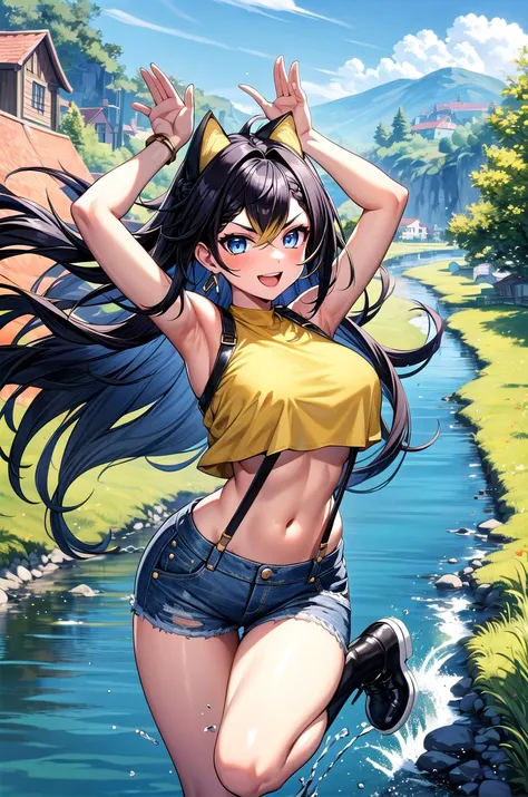 (masterpiece, best quality, detailed), 1girl, solo, DehyaGenshin_NDV, multicolored hair, black-gold hair, streaked hair, large breasts, very long hair, blue eyes, dark-skinned female, earrings, animal ears, looking at viewer,
suspenders, midriff, short shorts, yellow shirt, sleeveless, crop top, cutoffs, denim, short shorts, outdoors, house, rural, village, scenery, path, river, bridge, jumping, outstretched arms, arms up, midair, open mouth, smile, v-shaped eyebrows