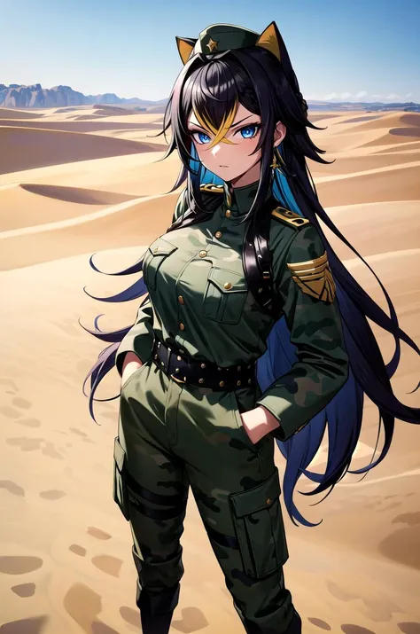 (masterpiece, best quality, detailed), 1girl, solo, DehyaGenshin_NDV, multicolored hair, black-gold hair, streaked hair, large breasts, very long hair, blue eyes, dark-skinned female, earrings, animal ears, looking at viewer,
military uniform, military, soldier, belt, green pants, military hat, black jacket, metal, camouflage, desert, sand, dust, sun, hands in pockets, serious, glaring