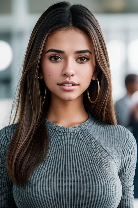 <lora:Olga:.7>, seductive expression, expressive , seductive, aroused, upper body, at front, portrait, simple background, dark background, <lora:GoodHands-vanilla:0.8> better_oppai, medium breasts, , long hair, Eye Brown tightline eyeliner, earrings, necklace, Wood Brown velvet lipstick , Pale Blue , ((sweatshirt))