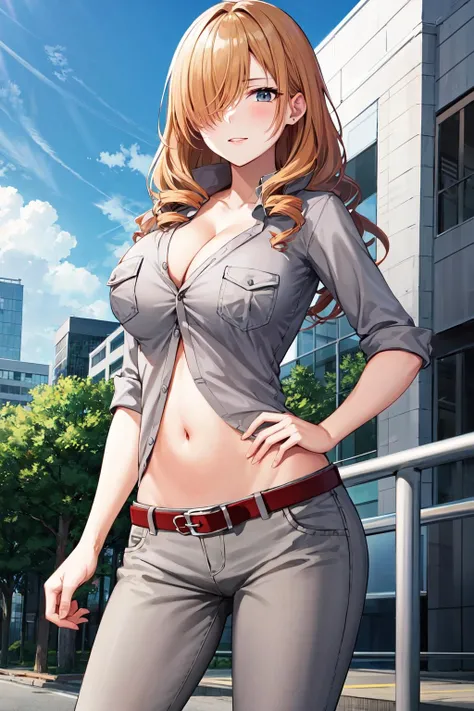 masterpiece, best quality, highres, aaoriana, long hair, drill hair, hair over one eye, large breasts, cleavage, grey shirt, unbuttoned, navel, belt, grey pants, <lora:oriana_thomason_v1:0.7>, standing, outdoors, cowboy shot