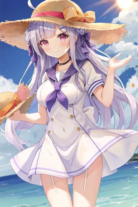 best quality, masterpiece, highres, solo, {cygnet_azurlane:1.15}, long_hair, breasts, blush, white_hair, hair_bun, large_breasts, braid, ribbon, double_bun, red_eyes, bow, bangs, ahoge, hair_ribbon, purple_eyes, hair_ornament, 1girl, hat, looking_at_viewer, sailor_collar, sun_hat, white_headwear, dress, neckerchief, short_sleeves, blue_sky, light_purple_hair, purple_bow, sky, smile, white_dress