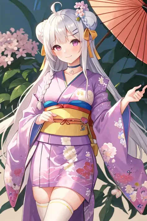 best quality, masterpiece, highres, solo, {cygnet_azurlane:1.15}, long_hair, breasts, blush, white_hair, hair_bun, large_breasts, braid, ribbon, double_bun, red_eyes, bow, bangs, ahoge, hair_ribbon, purple_eyes, hair_ornament, 1girl, japanese_clothes, kimono, looking_at_viewer, choker, flower, holding, smile, fur_trim, hairclip, sash, umbrella