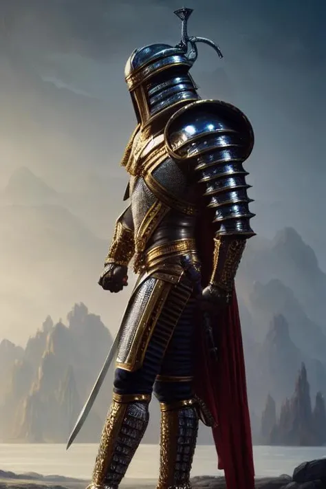 full body portrait of a muscular knight warrior, wearing a white and gold ornate steel helmet, by greg rutkowski and raymond swanland hr giger, trending on artstation, cinematic, elegant, hyperrealistic, octane render, unreal, high definition, 4k resolution, highly detailed, photo taken with Sony a7R camera, DSLR lens, <lora:darkdreamMINI:1>