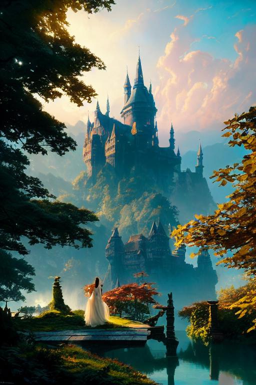A woman in a white dress standing on a bridge near a castle - SeaArt AI