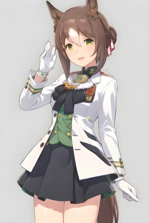 fine motion \(umamusume\), shoubufuku, white jacket, open clothes, black bow, button, green shirt, long sleeves, white gloves, black skirt, short hair, looking at viewer, smile