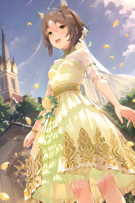 fine motion \(umamusume\), tiara, bridal veil, yellow hair ribbon, lace sleeves, wedding dress, long dress, lace dress, smile, short hair, horse ear, open mouth, outdoor, church, dynamic angle, floral background, light particle, falling petals, wind,, sky, cloud, looking away