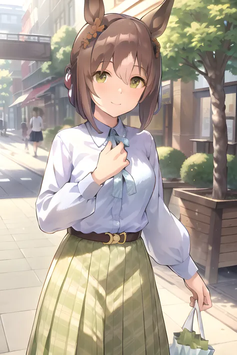 fine motion \(umamusume\), fudangi, white shirt, long sleeves, belt, green skirt, short hair, carrying shopping bag, smile, looking at viewer, upper body