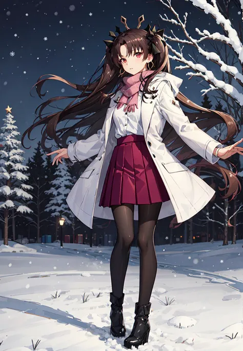 masterpiece, best quality, wallpaper, ultra-detailed, (christmas), winter,
ishtar, 1girl, solo, <lora:ishtar_fgo_v1_1:1>, looking at viewer,
white coat, long sleeves, hair ribbon, pink scarf, blue skirt, pleated skirt, crown, earrings, black pantyhose,
outdoors, snow,