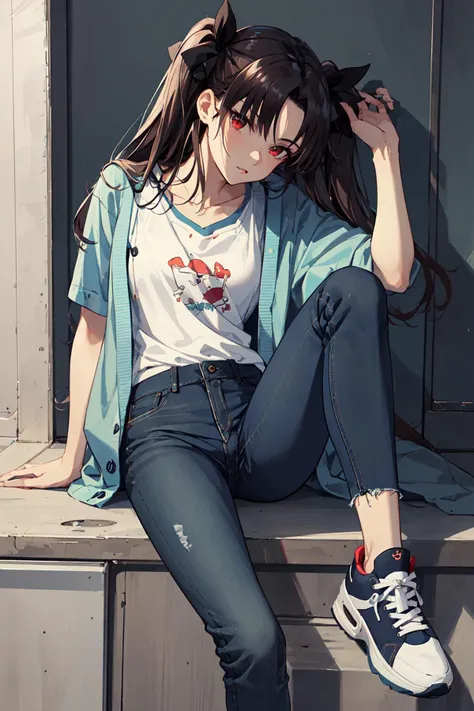 masterpiece, best quality, wallpaper, ultra-detailed,
ishtar, 1girl, solo, <lora:ishtar_fgo_v1_1:1>, looking at viewer,
(cardigan:1.2), (basic T-shirt:1.2), denim pants, sneakers, hair ribbon,
