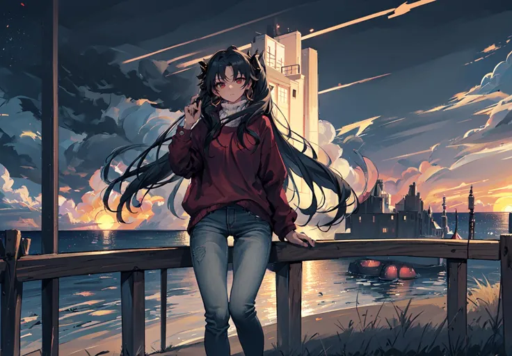 masterpiece, best quality, wallpaper, ultra-detailed,
ishtar, 1girl, solo, <lora:ishtarV29-000007:1>, looking at viewer, long hair,
(Fair Isle sweater:1.3), (Oxford shirt:1.4), slim fit denim, leather loafer,
city skyline, twilight, (evening:1.2), buildings, lights, urban landscape, dusk, clouds, reflections, vibrant colors,