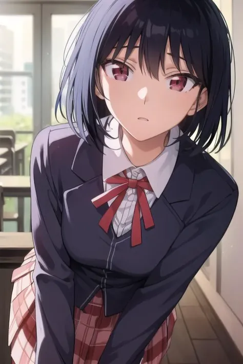 yakumotsukamoto, <lora:yakumo tsukamoto s2-lora-nochekaiser:1>,
yakumo tsukamoto, short hair, black hair, (red eyes:1.3),
BREAK skirt, shirt, long sleeves, bow, ribbon, school uniform, white shirt, pleated skirt, collared shirt, bowtie, red ribbon, neck ribbon, red skirt,
BREAK indoors, classroom,
BREAK looking at viewer, (cowboy shot:1.5),
BREAK <lyco:GoodHands-beta2:1>, (masterpiece:1.2), best quality, high resolution, unity 8k wallpaper, (illustration:0.8), (beautiful detailed eyes:1.6), extremely detailed face, perfect lighting, extremely detailed CG, (perfect hands, perfect anatomy),