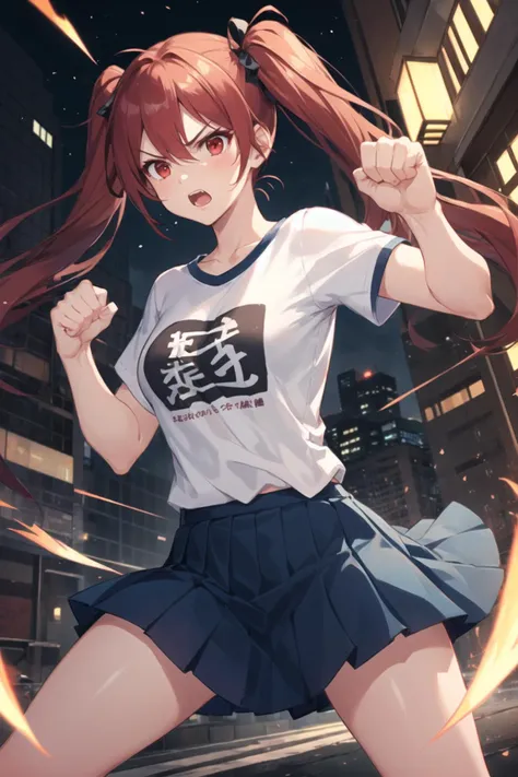 1girl, casual clothes, t-shirt, pleated skirt, twintails, long hair, fighting stance, outdoors, city, rage, angry, red eyes, fists, solo