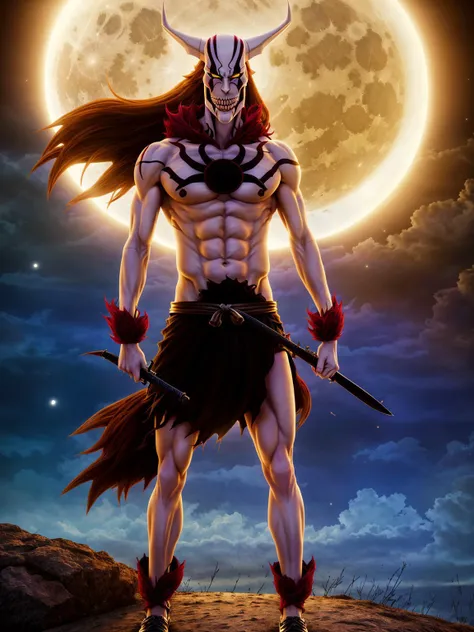 masterpiece, best quality, Ichigo Vasto Lorde, 1boy, sword, cinematic light, soft lightning, epic,apocalypse, full body shot, moon, black tattoos, <lora:IchigoVastoLorde:0.7>