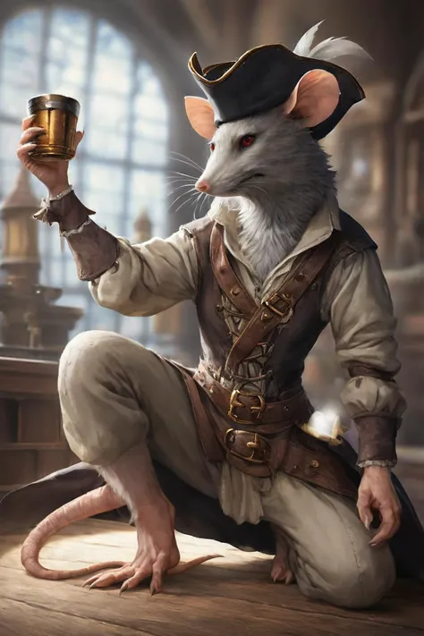 score_9, score_8_up, source_anime, rating_safe, Fantasy, Rat folk, fur, whiskers, anthro, <lora:RPGRatFolkXL:1>, 1girl,  Red eyes, Pirate attire, pirate hat, <lora:sdxl_lora_pirate2:1>, on one knee, holding gold bar, centered, portrait, Tall, Castle, distant watchtower, photorealistic, facing viewer. impressionist painting, Night, up close, detailed face, face focus, full body, solo, looking at viewer,