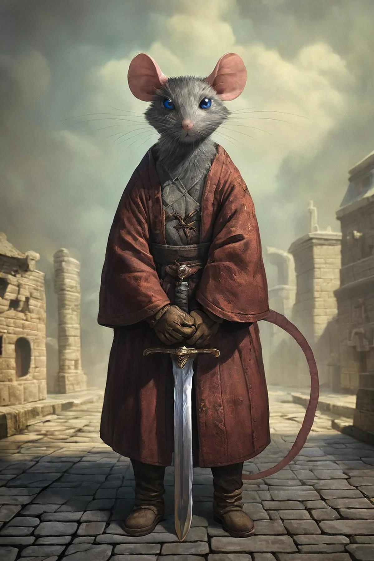 score_9, score_8_up, source_anime, rating_safe, Fantasy, Rat folk, fur, whiskers, anthro, <lora:RPGRatFolkXL:1>, 1girl, blue eyes, Robe, boots, gloves, Prayer, holding large sword, centered, portrait, Massive body, Feudal Japan, village, Stone ruins, photorealistic, facing viewer. impressionist painting, Noon, up close, detailed face, face focus, full body, solo, looking at viewer,