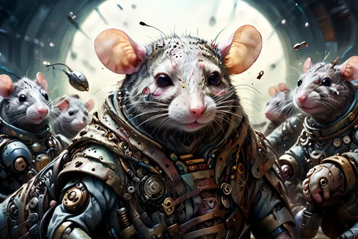 <lora:xl_more_art-full_v1:0.7>, (best quality:1.5), (intricate emotional details:1.5), (ultra detailed), (sharp focus), (sharp details), digital illustration of a <lora:RPGRatFolkXL:0.7> rat folk in a Robotic swarm, collective intelligence society., hyperrealism, Post-apocalyptic, <lora:ral-colorswirl:0.7> ral-colorswirl