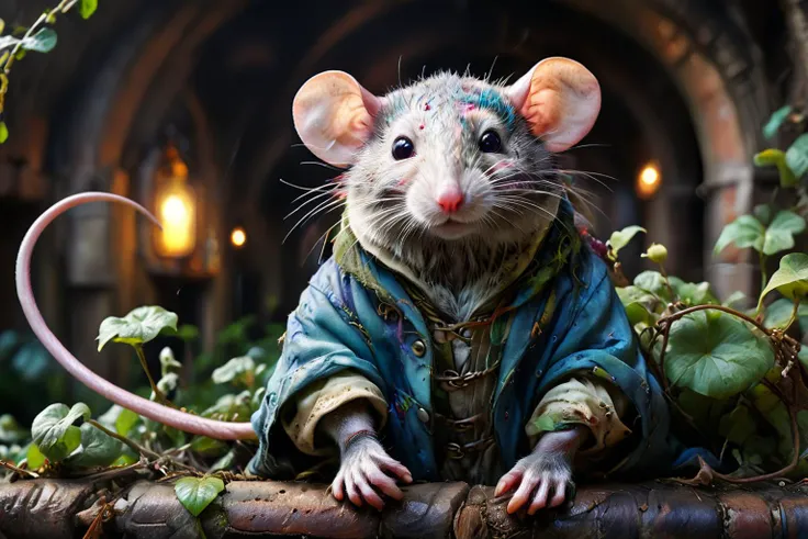 <lora:xl_more_art-full_v1:0.7>, (best quality:1.5), (intricate emotional details:1.5), (ultra detailed), (sharp focus), (sharp details), photography in the style of detailed hyperrealism of a <lora:ral-colorswirl:0.7> ral-colorswirl <lora:RPGRatFolkXL:0.7> rat folk in Ruined city surrounded by enchanted vines, Photorealism, Seapunk