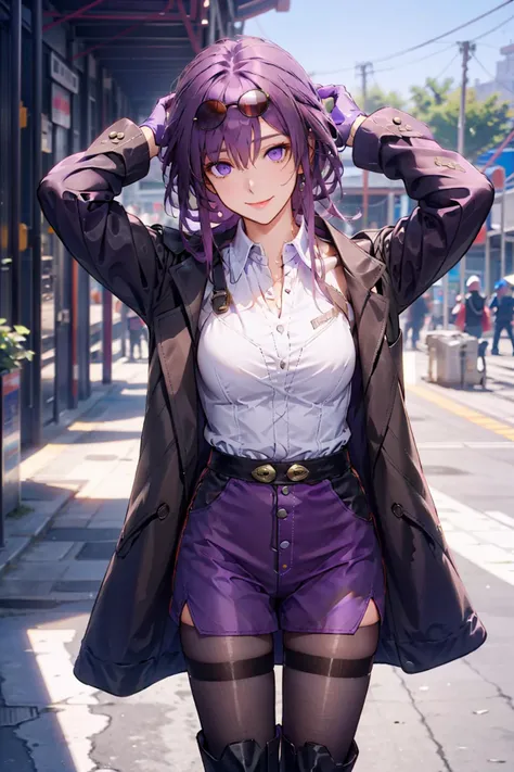 masterpiece, best quality, <lora:nijianime-000014:0.7:niji> , <lora:StarRail_Kafka_AP_v4:0.7>
Soft light, 1girl, official, purple eyes, empty eye, shirt, smile, looking at viewer, Kafka, white shirt, jacket, purple hair, long sleeves, eyewear on head, sunglasses, boots, gloves, thigh boots, ((pantyhose)), upper body,