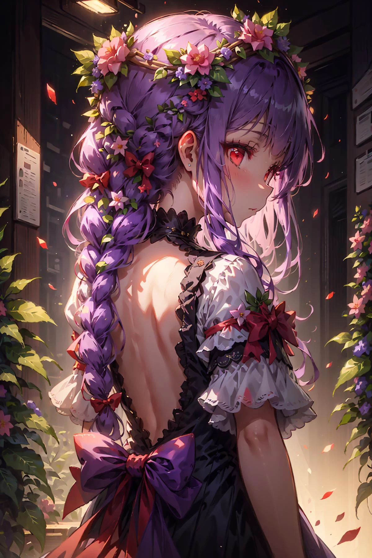 Soft light, 1girl, solo, braid, long hair, flower, hair ornament, purple hair, hair flower, looking back, from behind, bow, looking at viewer, dress, bangs, hair bow, sidelocks, head wreath, red eyes, pink flower, upper body, masterpiece, best quality, <lora:nijianime-000014:0.7:niji>