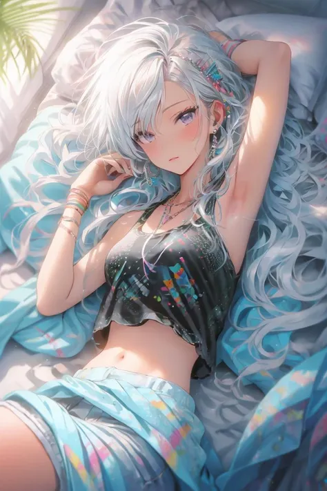 Soft light, 1girl, solo, armpits, jewelry, long hair, navel, crop top, breasts, looking at viewer, lying, arm up, necklace, on back, bracelet, closed mouth, midriff, earrings, hair ornament, pillow, nail polish, bangs, purple eyes, shirt, sleeveless shirt, blue nails, white hair