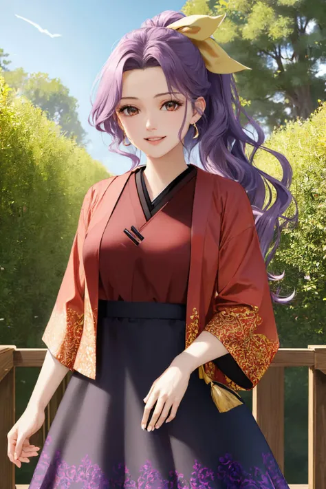 (masterpiece, best quality:1.2), <lyco:touhou_komakusa-09:1.0>, cowboy shot, solo, 1girl, komakusa sannyo, smile, looking at viewer, ponytail, hair ribbon, japanese clothes, red kimono, wide sleeves, purple skirt