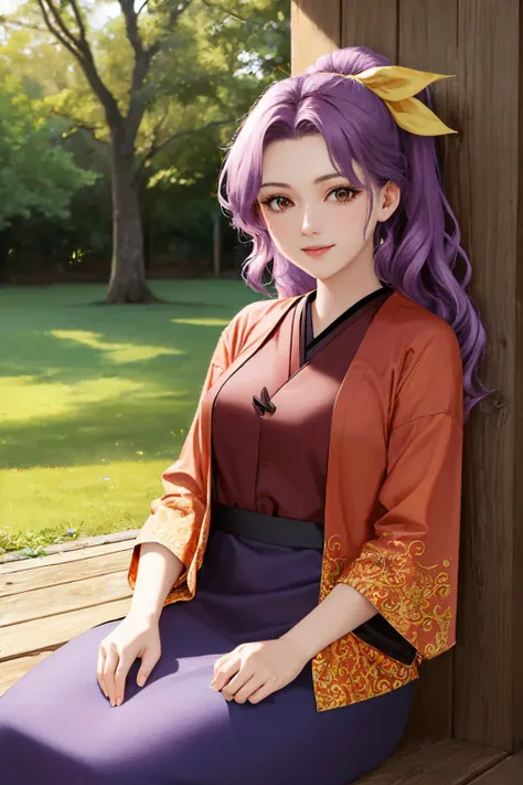 (masterpiece, best quality:1.2), <lyco:touhou_komakusa-09:1.0>, cowboy shot, solo, 1girl, komakusa sannyo, smile, looking at viewer, sitting, ponytail, hair ribbon, japanese clothes, red kimono, wide sleeves, purple skirt