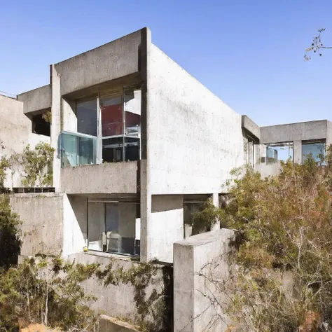a photograph of a small brutalist house, comfortable mood, beautiful lighting, sunny day, exterior view, <lora:Fair-faced concrete-V1:1>, fair-face concrete