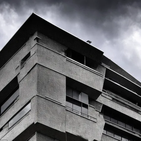 An award winning photograph of a brutalist building, dramatic angle, dark clouds in the sky