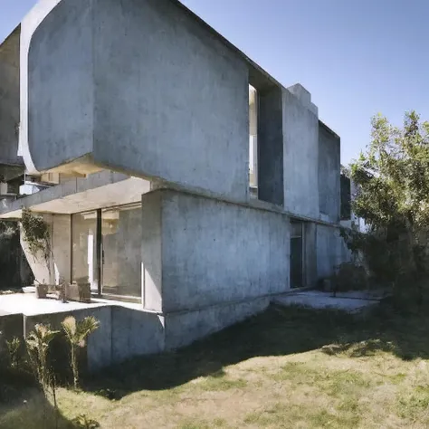 a photograph of a small brutalist house, comfortable mood, beautiful lighting, sunny day, exterior view,  <lora:Fair-faced concrete-V1:1>, fair-face concrete