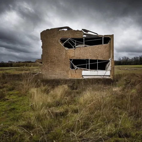 An award winning photograph of an abandoned brutalist building, dramatic angle, dark clouds in the sky, style-abandoned2