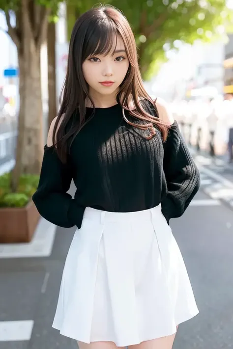 (skin blemish:1.2), (skindentation), black eye, 1woman, 25yo, (((woman))), solo, realistic, best quality, photorealistic, masterpiece, 8k, high res, solo, extremely detailed face, (professional lighting, bokeh), (light particles, lens flare, glowing particles:0.6), (dynamic pose:1.2), soft lighting, top angle view, fashionable and trendy atmosphere, japan, street, tokyo, city, ((daytime)), sky, ((looking at the viewer:1)), (looking at the camera),(portrait:0.6), cowboy shot, gorgeous, standing, keep original facial proportion, wide shoulder, full body, (small breast), (medium hair), brown hair, floating hair, lips, lipstick, seductive smile, floating hair, smile, open_mouth, teeth, (sleeves less white blouse), (jumper skirt), eyelashes, mole, (mole under eye:1), <lora:FukumuraM:0.8>