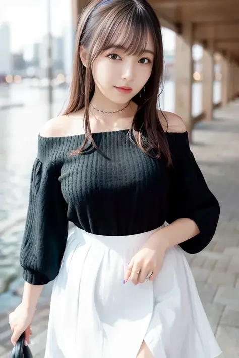 (skin blemish:1.2), (skindentation), black eye, 1woman, 25yo, (((woman))), solo, realistic, best quality, photorealistic, masterpiece, 8k, high res, solo, extremely detailed face, (professional lighting, bokeh), (light particles, lens flare, glowing particles:0.6), (dynamic pose:1.2), soft lighting, top angle view, fashionable and trendy atmosphere, japan, street, city, tokyo, harbour, ((daytime)), sky, ((looking at the viewer:1)), (looking at the camera),(portrait:0.6), cowboy shot, gorgeous, standing, keep original facial proportion, wide shoulder, full body, (medium breast), (short hair), brown hair, floating hair, lips, lipstick, seductive smile, floating hair, smile, open_mouth, teeth, (sleeves less white blouse), (jumper skirt), eyelashes, mole, (mole under eye:1), <lora:FukumuraM:0.8>
