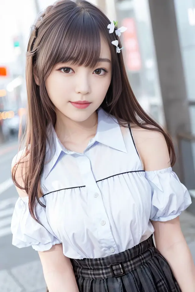 (skin blemish:1.2), (skindentation), black eye, 1woman, 25yo, (((woman))), solo, realistic, best quality, photorealistic, masterpiece, 8k, high res, solo, extremely detailed face, (professional lighting, bokeh), (light particles, lens flare, glowing particles:0.6), (dynamic pose:1.2), soft lighting, top angle view, fashionable and trendy atmosphere, japan, street, tokyo, city, ((daytime)), sky, ((looking at the viewer:1)), (looking at the camera),(portrait:0.6), cowboy shot, gorgeous, standing, keep original facial proportion, wide shoulder, full body, (medium breast), (medium hair), brown hair, floating hair, lips, lipstick, seductive smile, floating hair, smile, open_mouth, teeth, (sleeves less white blouse), (jumper skirt), eyelashes, mole, (mole under eye:1), <lora:FukumuraM:0.85>
