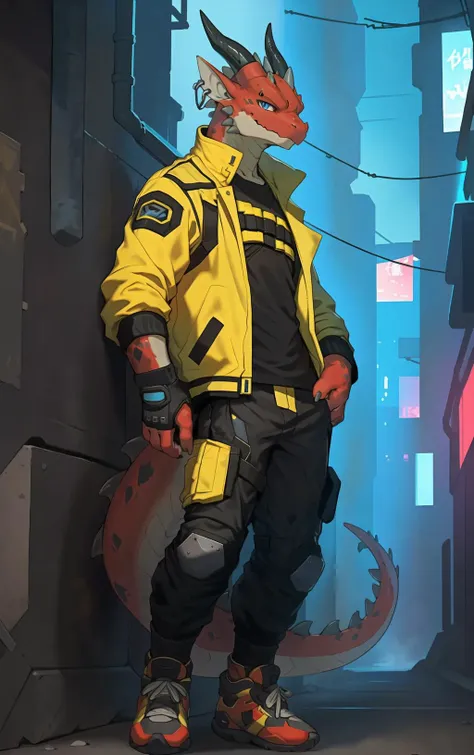 furry, kemono, anthro,
male,solo,
dragon dragon horns,dragon tail,
(red body:1.2),blue eyes,
looking at viewer, smirk,
ear piercing,
collarbone,
(techwear:1.3),(yellow jacket:1.35),open jacket,black shirt,
white pants,
fingerless gloves,
standing,leaning on wall,
sneakers,red footwear,
cyberpunk,
alley,