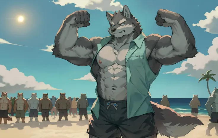 furry,kemono, anthro,
(barazoku:1.4),male,solo,
wolf wolf eats, wolf tail,
gray fur, blue eyes,
looking at viewer,smirk,frown,grin,
hawaiian shirt, open shirt,
collarbone,
pink nipples,
abs, navel,
(flexing:1.2),
shorts,
sun, cloud, beautiful detailed sky, in summer, cloudy, ocean, beach, shore,coconut tree, (crowd:1.2),