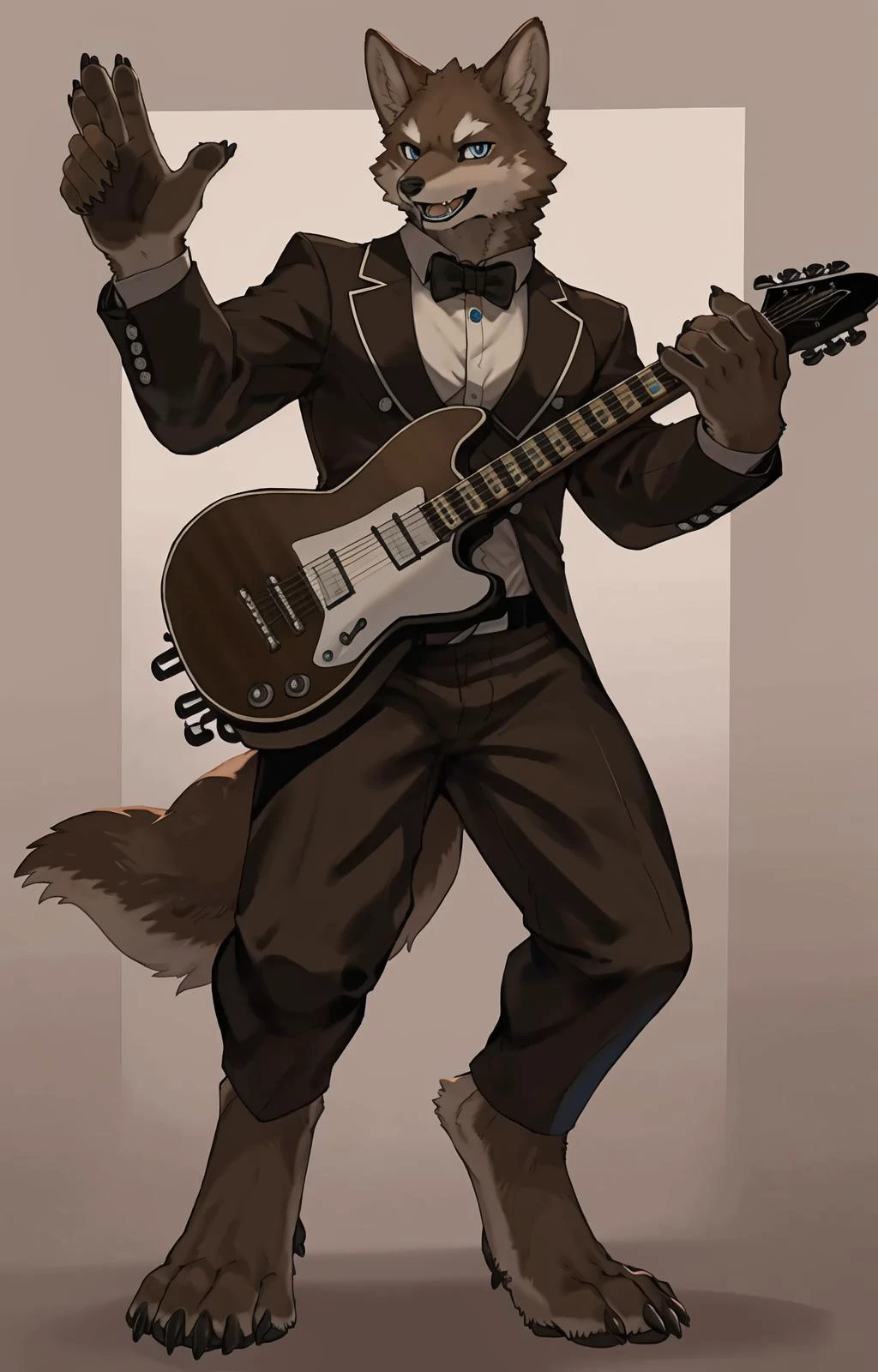 furry,kemono, anthro,
solo,
wolf,wolf ears,
(brown fur:1.25),blue eyes,
looking at viewer,open mouth, smile,
collarbone,
white shirt,
mariachi,mariachi suit,
abs, navel,
black pants,
digitigrade, claws,
(playing guitar:1.25),
standing,
(5 fingers:1.5)