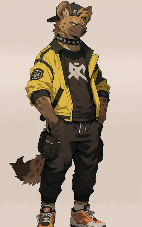 furry,kemono, anthro,
male,
hyena,hyena ears, hyena tail,
brown fur,yellow eyes,
looking at viewer, smirk, frown,
ear piercing, notched ear,
backwards hat,backwards baseball cap,
collarbone,
collar,spiked collar,
techwear,streetwear,yellow jacket,open jacket,black shirt,
(bondage pants:1.35),
hands in pockets,
messenger bag,
sneakers,red sneakers,
standing,
white background,